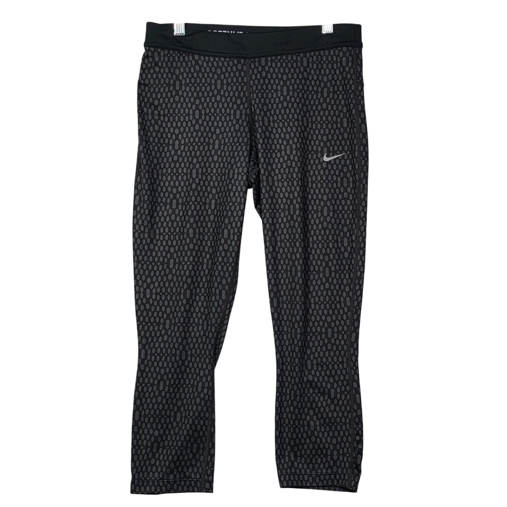 Nike Womens Medium Dri-FIT Cropped Leggings Black Gray Dot Running Zip Pocket